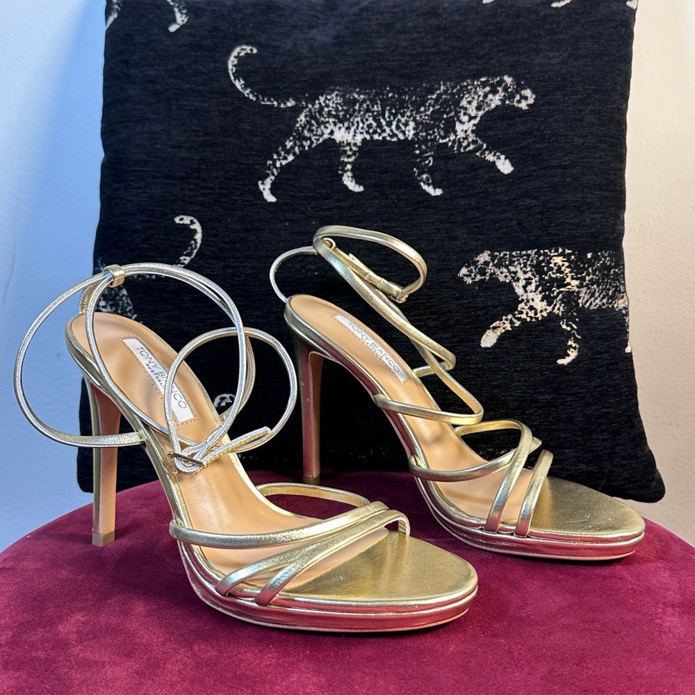 New Tony Bianco Sass Sandal Gold Nappa Metallic strappy ankle wrap high heel - Picture 2 of 10